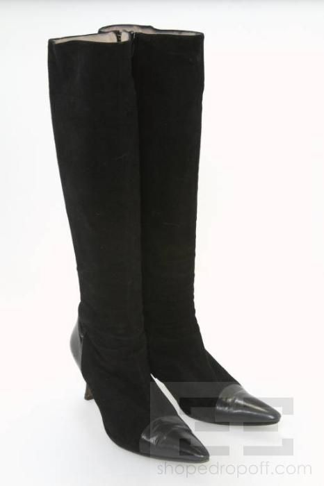 Manolo Blahnik Black Suede & Leather Cap Toe Heeled Knee High Boots 