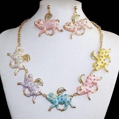 When Pigs Fly Necklace Earring Set Swarovski Crystal  