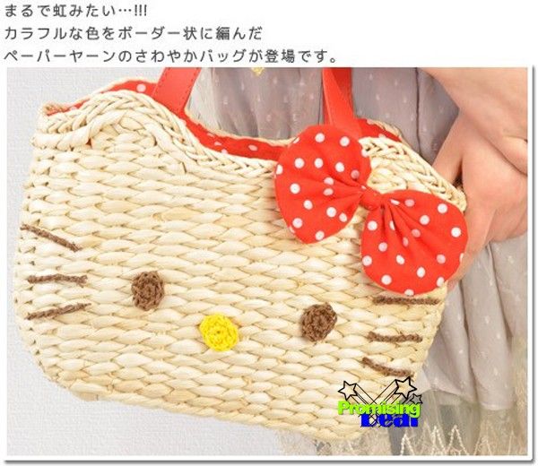 Hello Kitty Summer Straw Woven Tote Hand Shopping Bag  