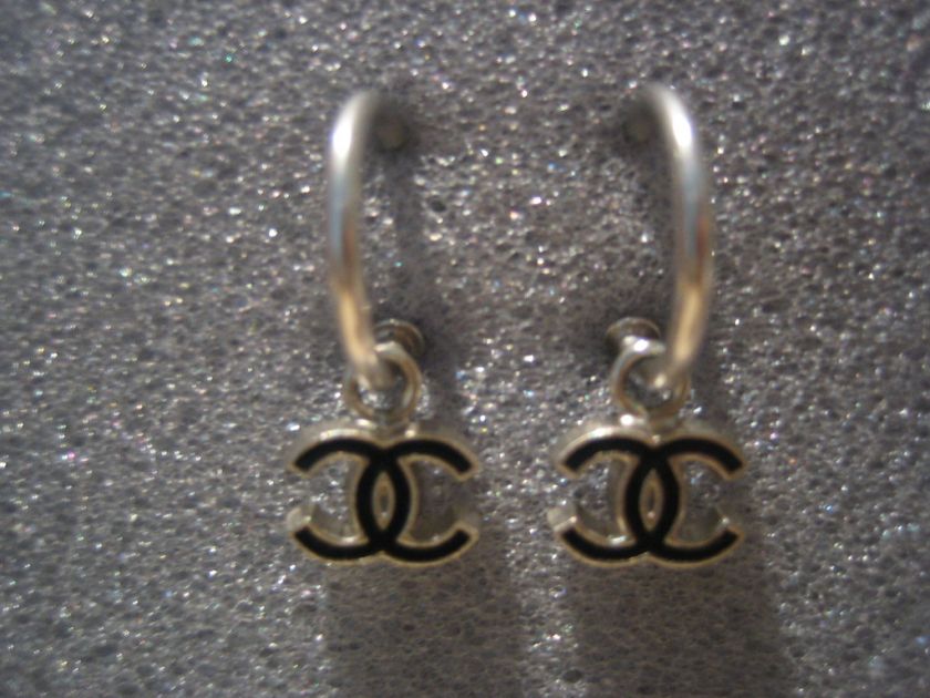 Authentic Chanel Classic Black CC Logo Dangling Charm Earrings  