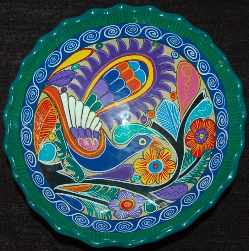 VIBRANT LATIN AMERICAN POTTERY BOWL WITH HAND PAINTED PEACOCK AND 