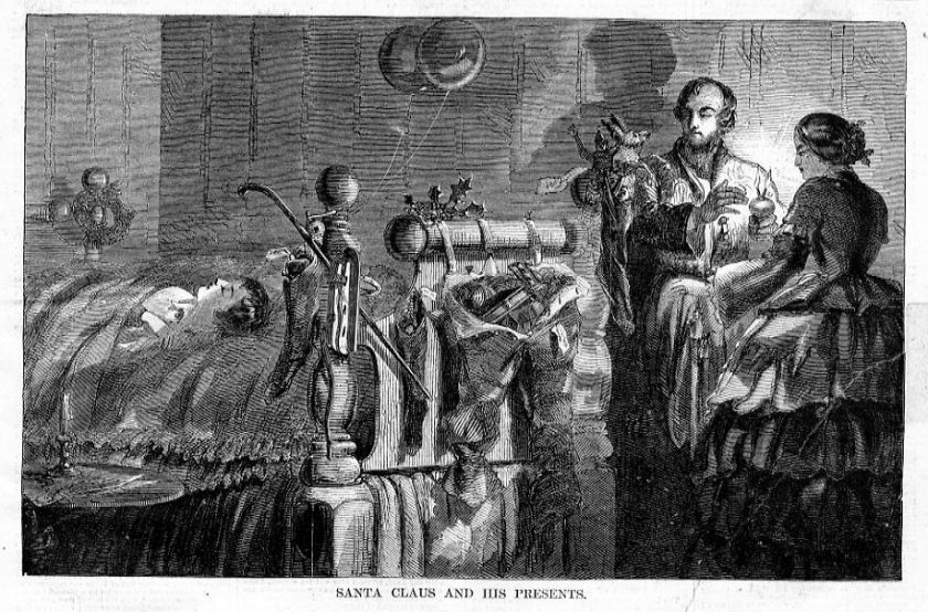 SANTA CLAUS AND HIS PRESENTS, ANTIQUE 1858 PRINT SANTA  