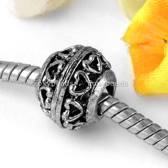 5pc Tibetan Silver *Heart Large Hole Beads Fit Bracelet  