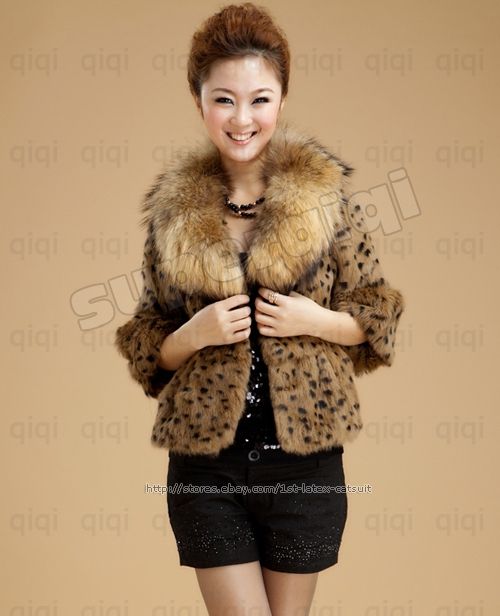   Genuine Leopard Rabbit Fur Raccoon Collar Coat Outwear Jacket Clothing
