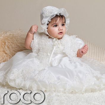 Baby Girls Ivory Christening Dresses Embroidered Dress Bonnet Overcoat 