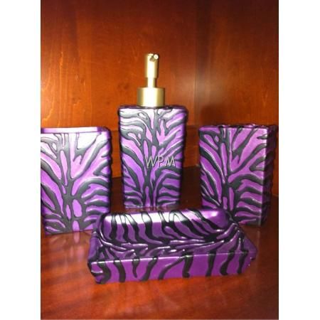   Set purple zebra bathroom rugs & shower curtain & accessories  