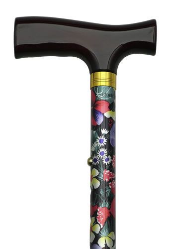 LADIES ADJUSTABLE FLORAL PINK BLACK TRAVEL WALKING CANE  